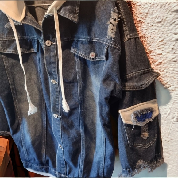 Distressed Denim Streetwear Hooded Jean Jacket - Picture 3 of 7